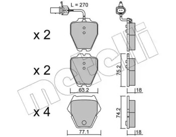 Колодки гальмівні (передні) Audi A4 97-01/A6 97-05/Phaeton 02-08 (+датчики) METELLI 22-0774-1
