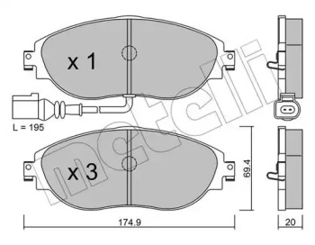 Колодки гальмівні (передні) Audi Q3 18-/A3/Skoda Octavia/VW Passat B6-B8/Golf/Tiguan 12- (+датчик) METELLI 22-0952-0