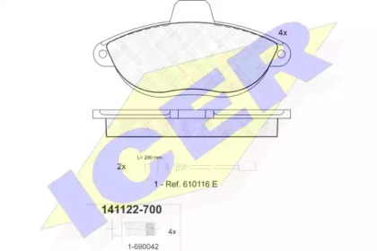 Колодки гальмівні (передні) Citroen Jumpy/Fiat Scudo/Ulysse/Peugeot Expert/806 95-06 (+датчики) ICER 141122-700