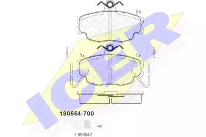 Колодки гальмівні (передні) Renault Clio 90-98/11/19/21 84-96/Peugeot 205/309 85-98 (+датчики) ICER 180554-700
