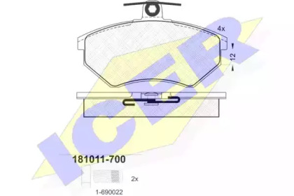 Колодки гальмівні (передні) Audi 80 91-96/A4 94-01/VW Caddy 95-04/Golf 90-02/Passat B3/B4 88-96 ICER 181011-700