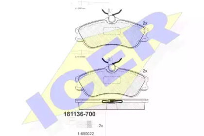 Колодки гальмівні (передні) Citroen Berlingo 96-11/Xsara/Peugeot 306 93-05/Partner 96-15 (+датчики) ICER 181136-700