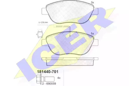Колодки гальмівні (передні) Fiat Doblo 01-/Fiorino/Qubo/Punto 09-/Idea 05-/Opel Combo 12- (+датчик) ICER 181440-701