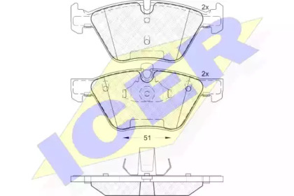 Колодки гальмівні (передні) BMW 3 (E90/E91/E92) 07-13/5 (E60/E61) 03-10/X1 (E84) 09-15 (кріпл.51мм) ICER 181683