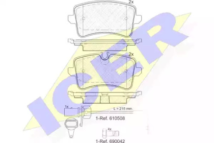 Колодки гальмівні (задні) Audi A4/A5/A6/A7 10-/Porsche Macan 14- (+датчик L=215mm) ICER 181986-203