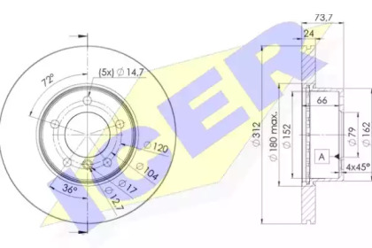 Диск гальмівний (передній) BMW 1 (F20/21) 11-/3 (E90-93/F30-31/F34) 05-/X1 09- (312x24)(з покр)(вент) ICER 78BD1972-2