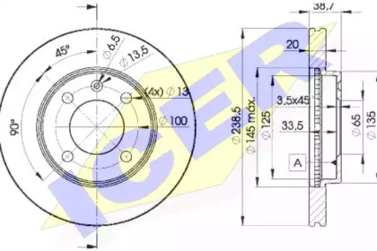 Диск гальмівний (передній) VW Golf 76-99/Passat 81-88/Polo 95-01/Seat Ibiza 93-(239x20)(з покр)(вент) ICER 78BD3975-2