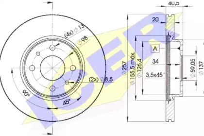 Диск тормозной (передний) Fiat Doblo 01-/Tipo 90-95/Punto 93-12/Bravo 95-01 (257x20) (с покр) (вент) ICER 78BD5056-2