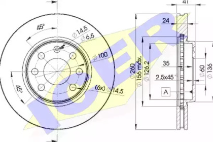 Диск гальмівний (передній) Opel Combo 01-/Corsa C 00-09/Meriva A 03-10 (260x24) (з покр.) (вентильований) ICER 78BD9000-2