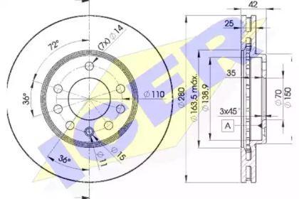 Диск гальмівний (передній) Opel Combo 04-/Astra G/H/Zafira A/B 98-15 (280x25)(з покр.)(вентильований) ICER 78BD9060-2