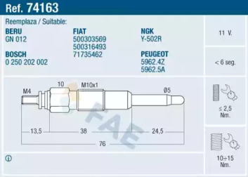 Свічка розжарювання FAE 74163
