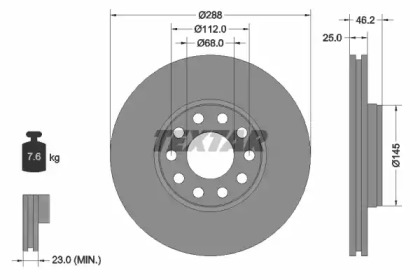 Диск гальмівний (передній) Skoda Superb/VW Passat 00-08 (288x25) PRO+ TEXTAR 92121005