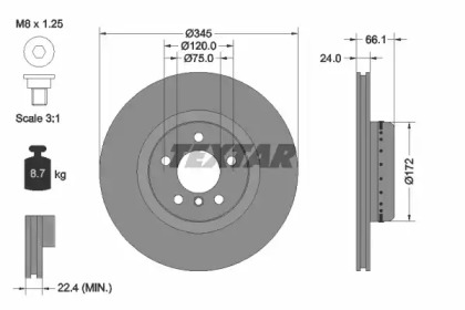 Диск гальмівний (задній) BMW 1 (F20/F21)/3 (F30/F31)/4 (F32/F36) 11- (345x24) B37/N13/N47/N55 PRO+ TEXTAR 92265125