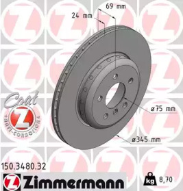 Диск гальмівний (задній) BMW 5 (F10/F11)/6 (F06/F13)/ 7 (F01-04) 09- (345x24) (з покриттям) (вент.) ZIMMERMANN 150.3480.32