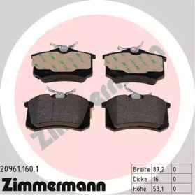 Колодки гальмівні (задні) Citroen C3/C4 09-/Renault Scenic/Megane 99- (87x53x16) (Lucas) ZIMMERMANN 20961.160.1