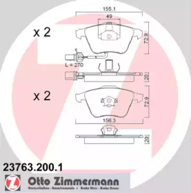 Колодки гальмівні (передні) Audi A4/A6/A8 02- (Ate-Teves) (з датчиками) ZIMMERMANN 23763.200.1