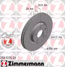 Диск гальмівний (передній) Ford Mondeo V 13- (300x28) (з покриттям) (вентильований) ZIMMERMANN 250.1375.20