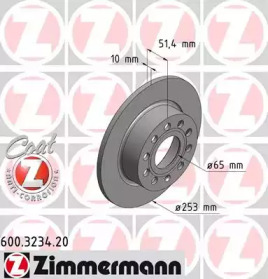 Диск гальмівний (задній) Audi A3//VW Caddy III 04-15/Skoda Octavia III/IV 03- (253x10)(з покриттям) ZIMMERMANN 600.3234.20