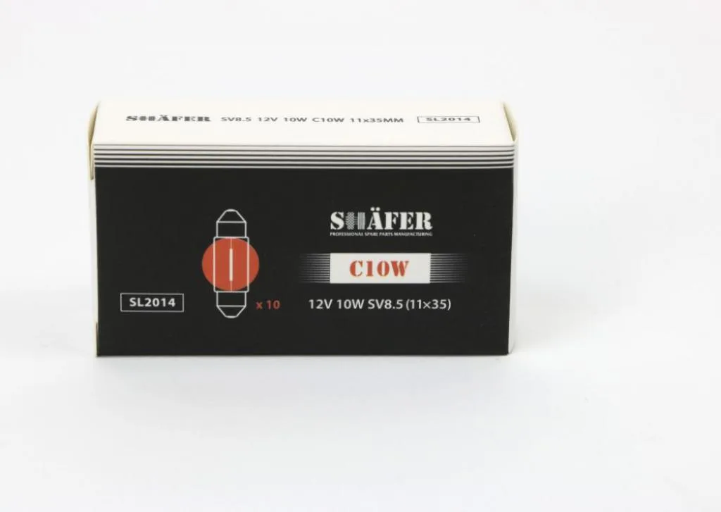 Лампа накалювання 12V 10W C10W SV8.5 (11×35) (картонна упаковка по 10шт) SHAFER SL2014