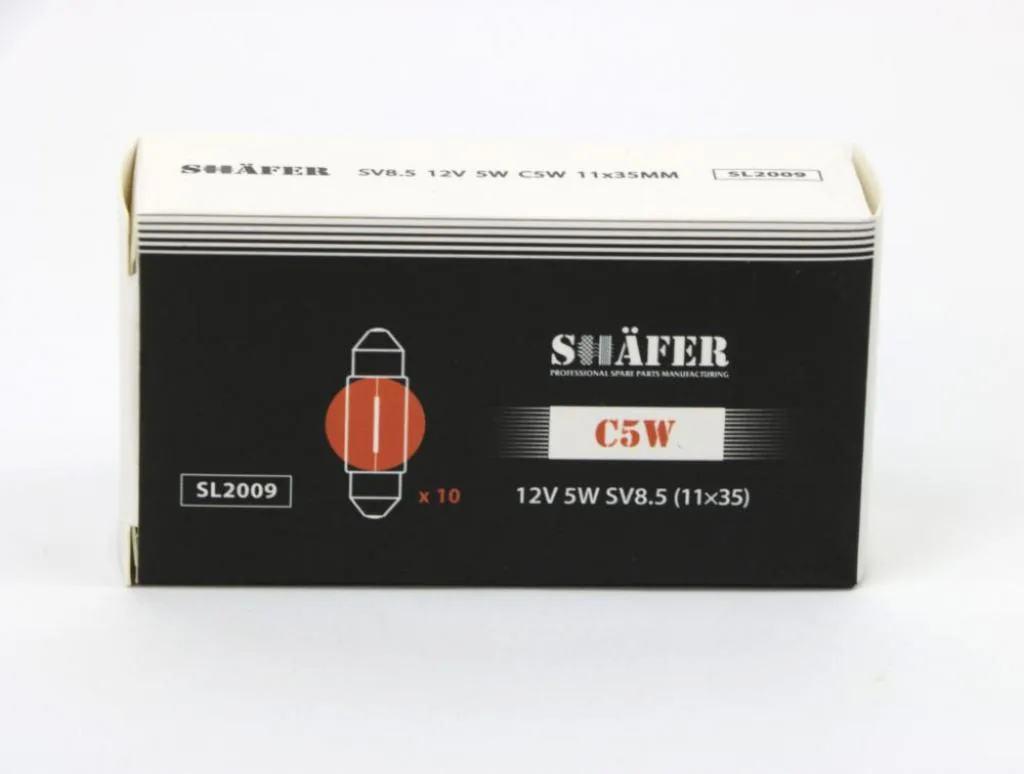 Лампа накалювання 12V 5W C5W SV8.5 (11×35) (картонна упаковка по 10шт) SHAFER SL2009