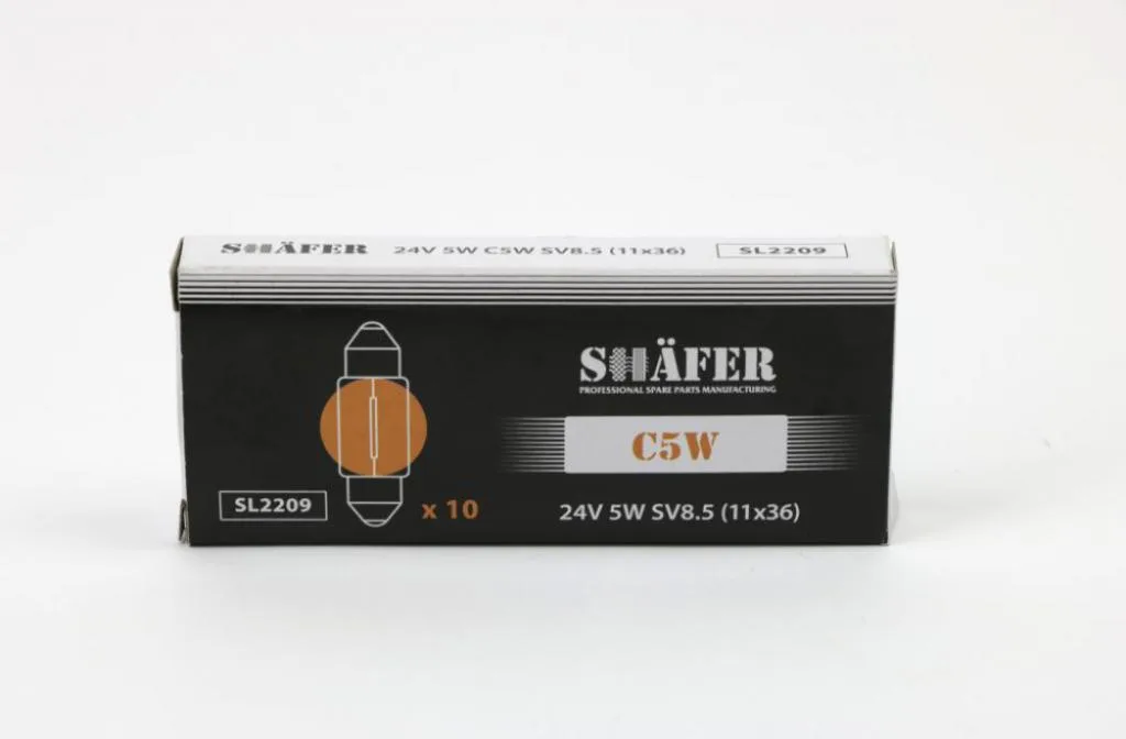 Лампа накалювання 24V 5W C5W SV8.5 (11x36) (картонна упаковка по 10шт) SHAFER SL2209