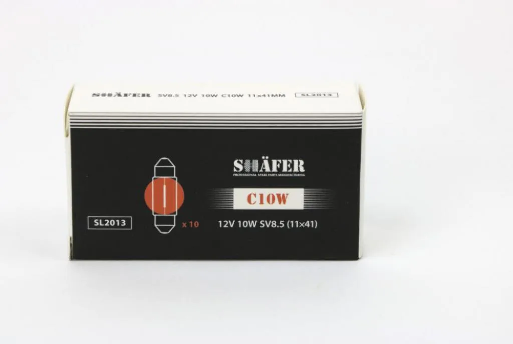 Лампа накалювання 12V C10W SV8.5 (11×41) (картонна упаковка по 10шт) SHAFER SL2013